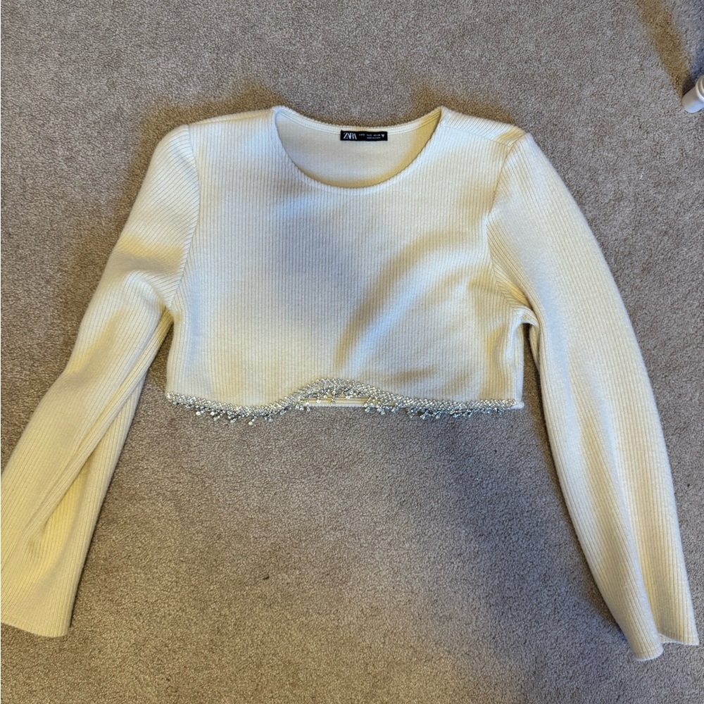 Zara Cream Long Sleeve Top with Beaded on Rhinestones